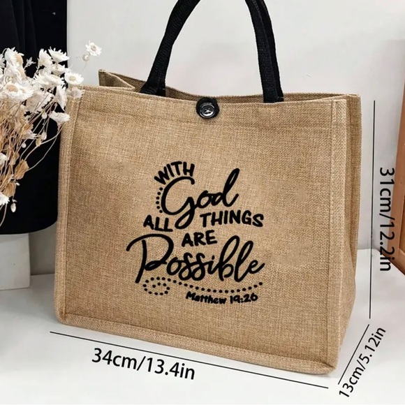 Inspirational “All Things Are Possible “Burlap Tote Bag Khaki with Coin Purse - Picture 4 of 4
